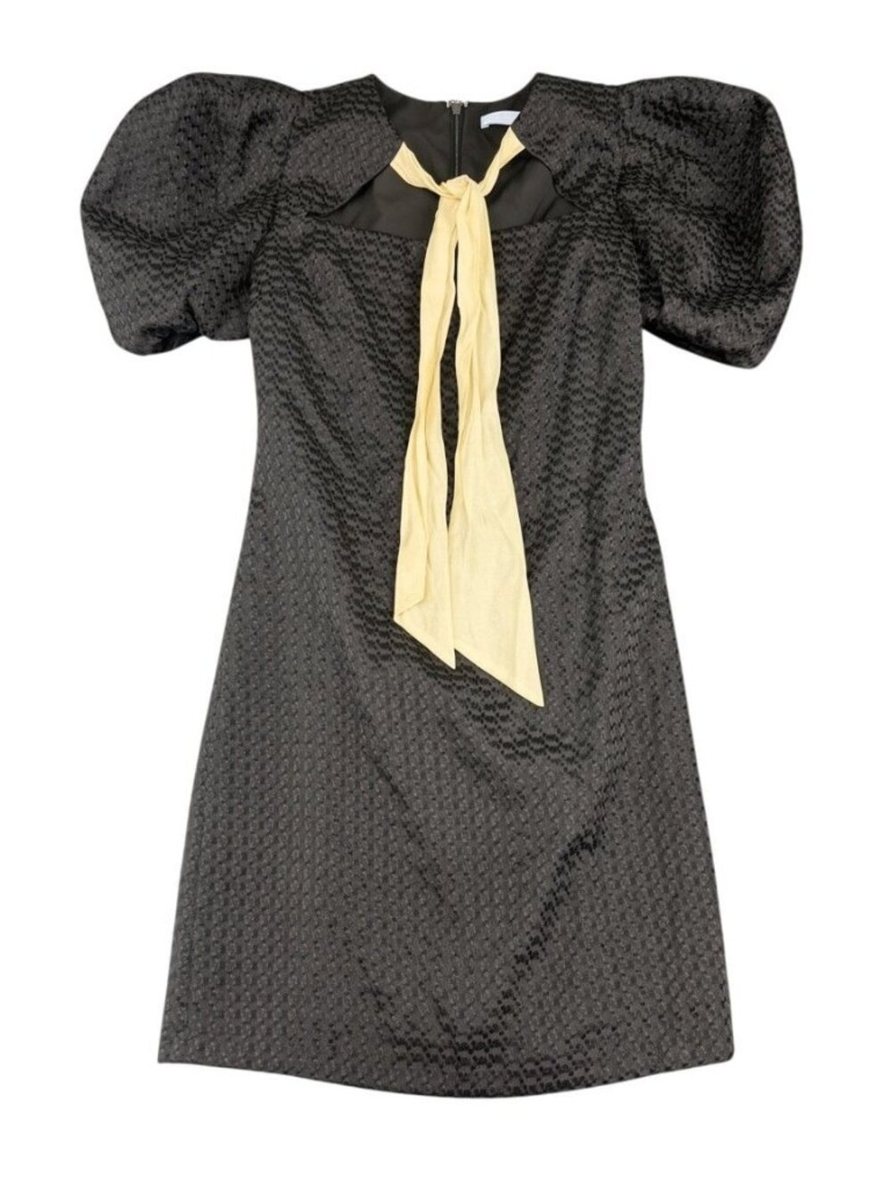 Antonio Melani Black Textured Puff Sleeve Dress Contrast Yellow Tie Neck Size 4